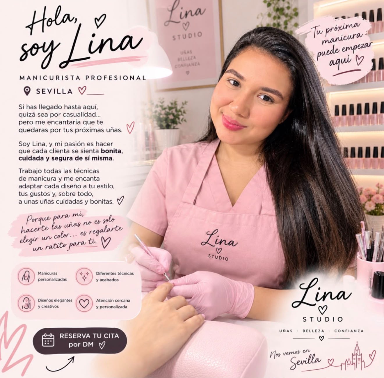 Lina, manicurista profesional de Sevilla, trabajando las uñas de una clienta en su estudio